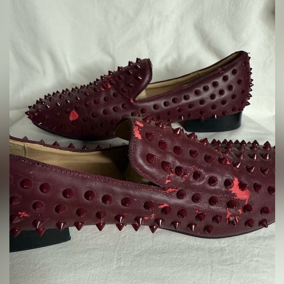 Men’s Christian Louboutin Burgundy Leather Spike Loafers 11 - Picture 6 of 10